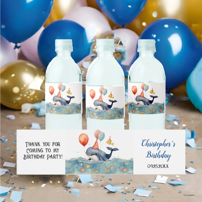 Cute Whale Boys Birthday Party Water Bottle Label (Creator Uploaded)