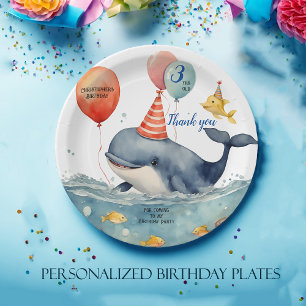 Cute Whale Boys Personalized Birthday Thank You Paper Plates