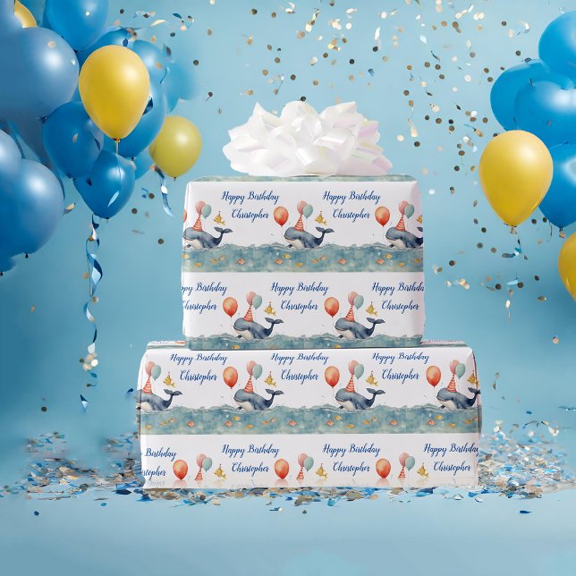 Cute Whale Boys Personalized Birthday Wrapping Paper (Creator Uploaded)