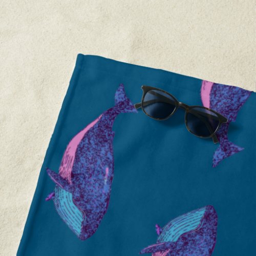 Cute Whale Drawing Pattern in Ocean Blue Beach Towel