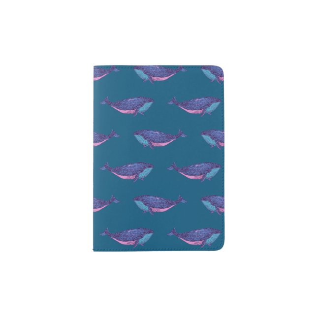 Cute Whale Drawing Pattern in Ocean Blue Passport Holder (Front)