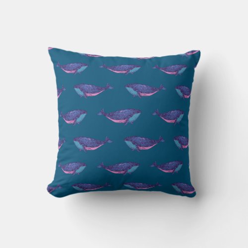 Cute Whale Drawing Pattern in Ocean Blue Throw Pillow