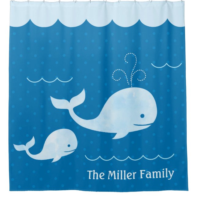 Cute Whale Family Blue Underwater Dots Shower Curtain (Front)