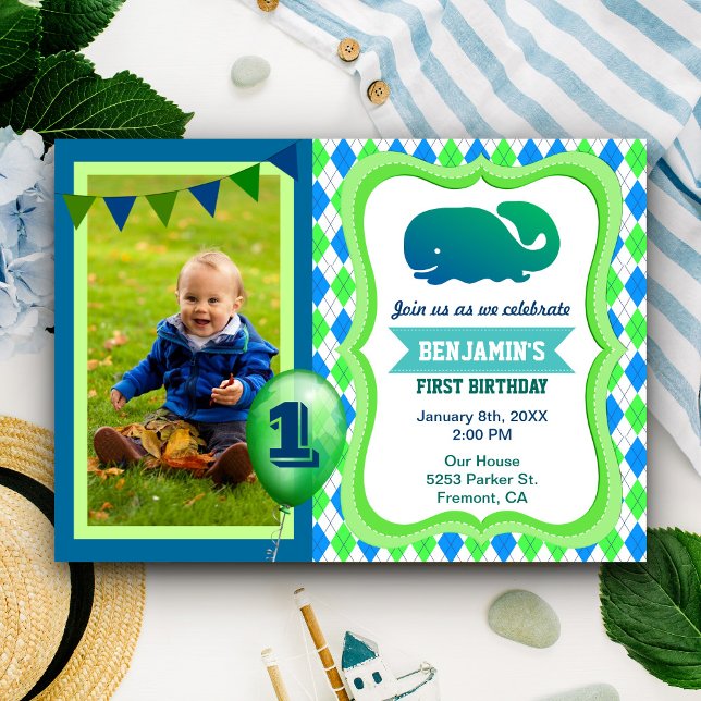 Cute Whale First Birthday Party Photo Invitation (Creator Uploaded)