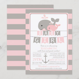 Cute whale Girl Baby Shower Invitation
