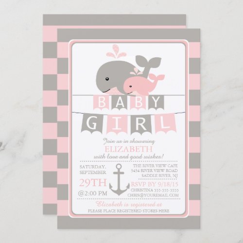 Cute whale Girl Baby Shower Invitation