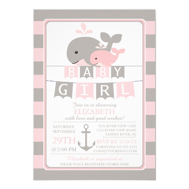Cute Whale Girl Baby Shower Invitation