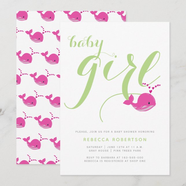 Cute whale green typography baby girl shower invitation (Front/Back)