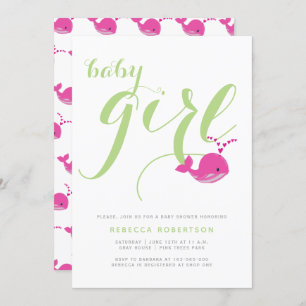 Cute whale green typography baby girl shower invitation