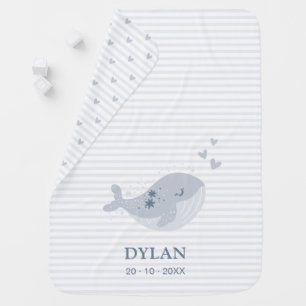 Cute Whale Hearts Stripes Blue Personalized Baby Blanket