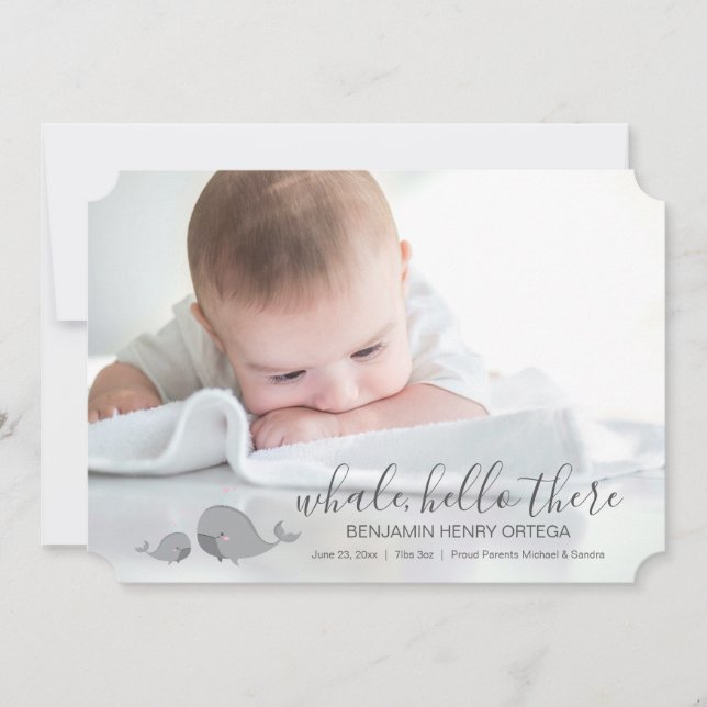 Cute Whale Hello There Baby Photo Announcement (Front)