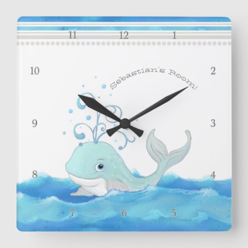 Cute Whale in Ocean Cartoon Character Little Boy Square Wall Clock