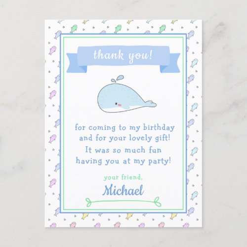 Cute Whale Kids Birthday Thank You  Postcard