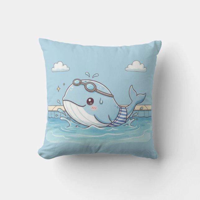 Cute Whale Kids Swimming Design Throw Pillow (Front)