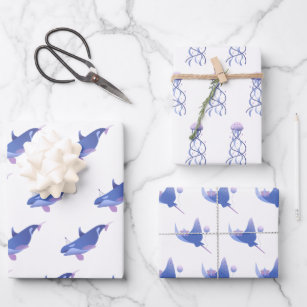 Cute Whale, Manta Ray And Jellyfish Birthday Wrapping Paper Sheets