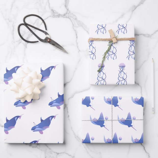 Cute Whale, Manta Ray And Jellyfish Birthday Wrapping Paper Sheets (Front)