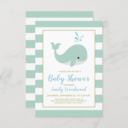 Cute Whale Mint Green Baby Shower Invitation