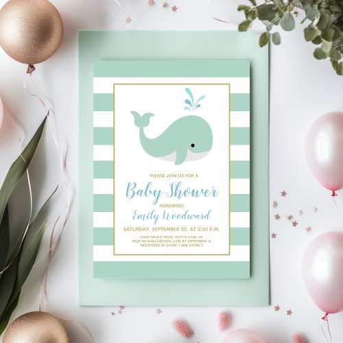 Cute Whale Mint Green Baby Shower Invitation