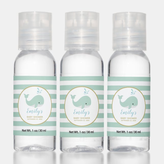 Cute Whale Mint Green Gender Neutral Baby Shower Hand Sanitizer (Set)