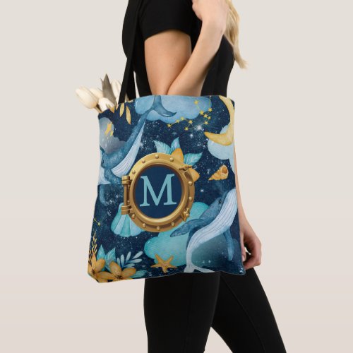 Cute Whale Nautical Ship Porthole Monogram Tote Bag