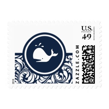 Cute Whale Navy Blue Damask Wedding Invitation Postage Cute Whale Navy Blue Damask Wedding Invitation Postage