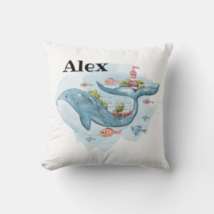 Cute Whale Nursery Decor Custom Name Throw Pillow