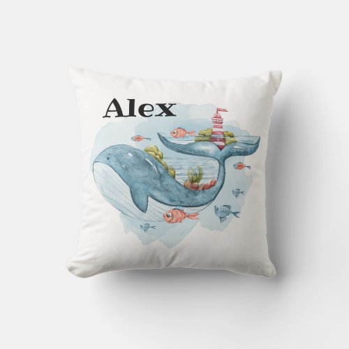 Cute Whale Nursery Decor Custom Name Throw Pillow