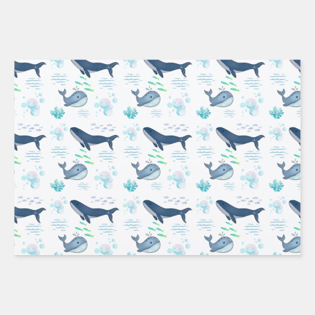 Cute Whale Ocean Pattern – Underwater Sea Life Wrapping Paper Sheets (Front)