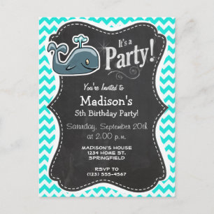 Cute Whale on Turquoise, Aqua Color Chevron Invitation Postcard