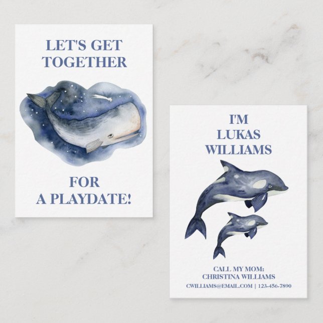 Cute Whale & Orca Boys Playdate Mommy Calling Card (Front/Back)