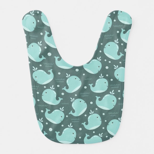 Cute Whale Pattern on Teal Blue Baby Bib (Front)