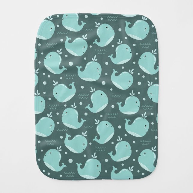 Cute Whale Pattern on Teal Blue Baby Burp Cloth (Front)