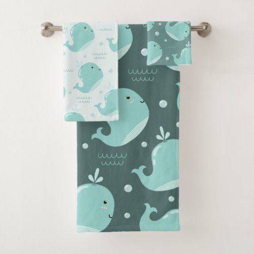 Cute Whale Pattern on Teal Blue Kids Bathroom Bath Towel Set