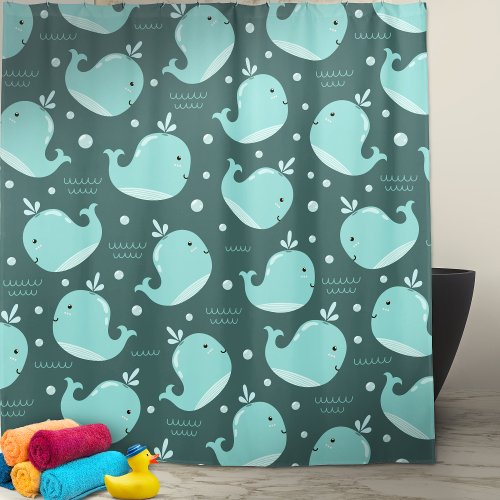 Cute Whale Pattern on Teal Blue Kids Bathroom Shower Curtain