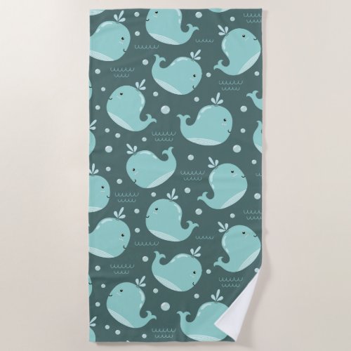 Cute Whale Pattern on Teal Blue Kids Beach Towel