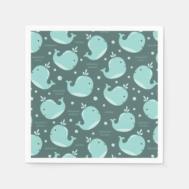Cute Whale Pattern on Teal Blue Kids Birthday Napkins (Front)