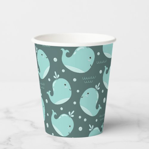 Cute Whale Pattern on Teal Blue Kids Birthday Paper Cups