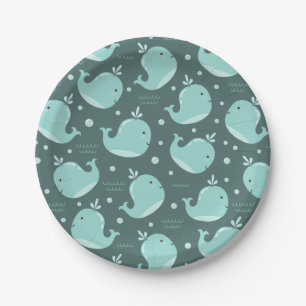 Cute Whale Pattern on Teal Blue Kids Birthday Paper Plates