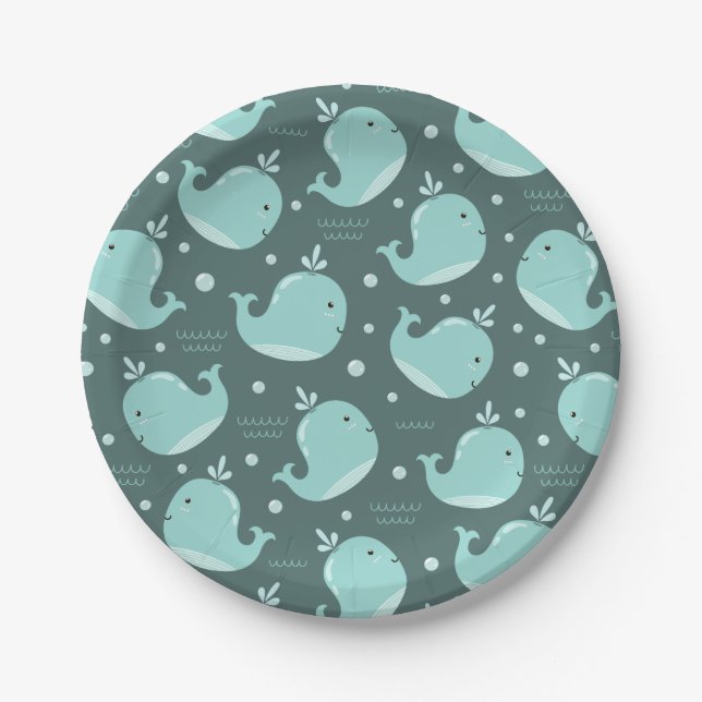 Cute Whale Pattern on Teal Blue Kids Birthday Paper Plates (Front)