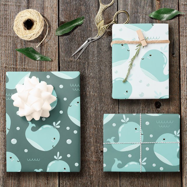 Cute Whale Pattern on Teal Blue Kids Birthday Wrapping Paper Sheets (Creator Uploaded)