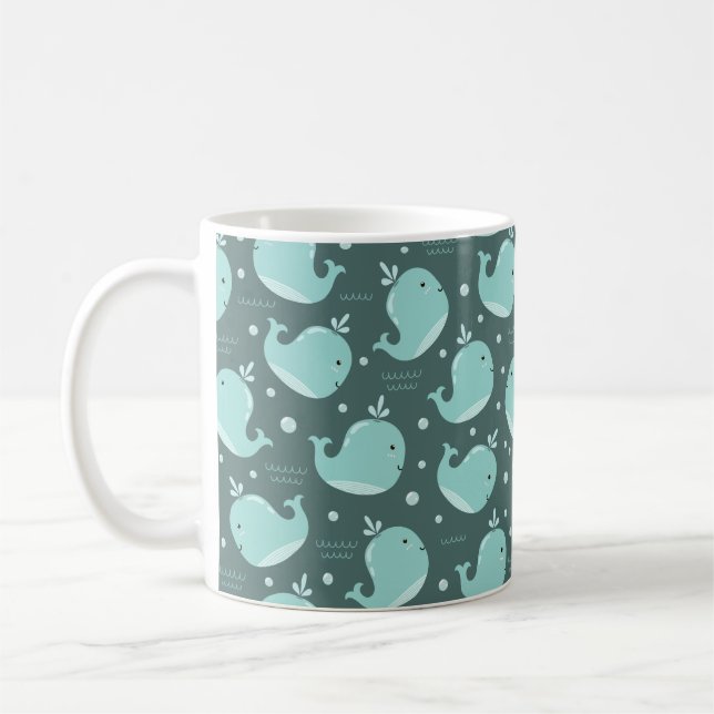 Cute Whale Pattern on Teal Blue Kids Mug (Left)