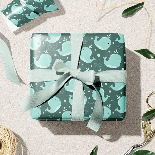 Cute Whale Pattern on Teal Blue Kids Wrapping Paper