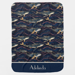 Cute Whale Pattern with custom Name   Baby Blanket