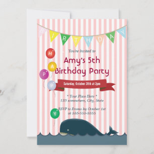 Cute Whale Pink Stripes Birthday Invitations
