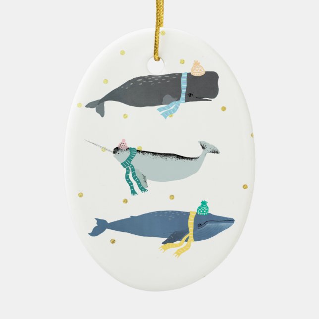 Cute Whale Scarves Winter Christmas Illustration  Ceramic Ornament (Front)
