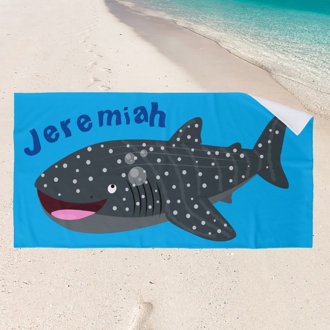 Cute whale shark happy cartoon illustration beach towel (A cute whale shark beach towel for your child's seaside adventure)