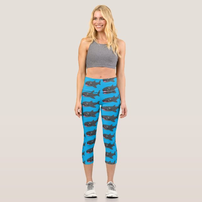 Cute whale shark happy cartoon illustration capri leggings (Front)