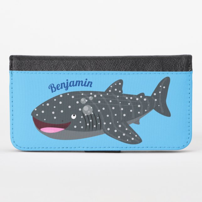 Cute whale shark happy cartoon illustration iPhone wallet case (Front (Horizontal))
