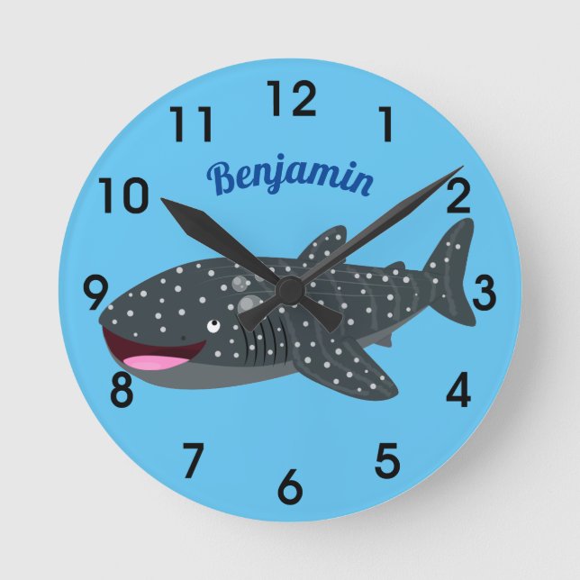 Cute whale shark happy cartoon illustration round clock (Front)