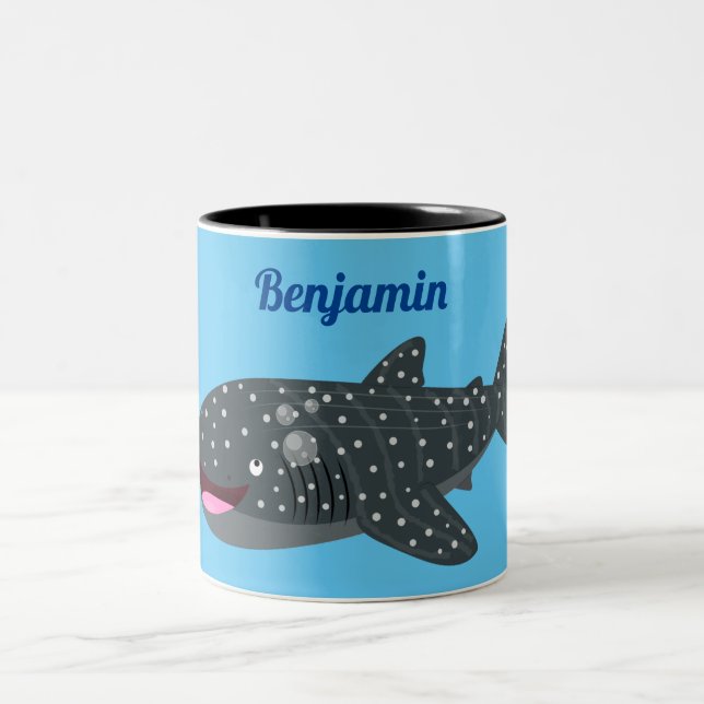 Cute whale shark happy cartoon illustration Two-Tone coffee mug (Center)